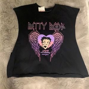 Betty Boop | Ladies Graphic Black Cropped Raw Edge Muscle Shirt Size XL